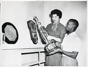 Mantle Prints: Ernie Banks and Wife Holding MVP Trophy
