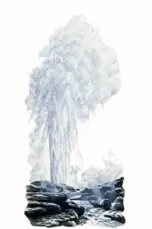 Erupting Prints: Eruption forming cloud above rocky landscape