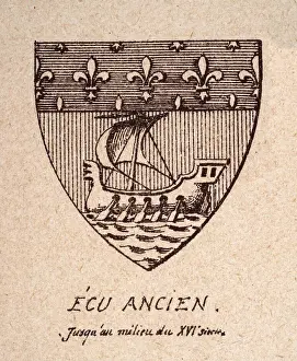 Escutcheon, or heraldic shield, 16th Century French coat of arms, fleur de lis and ship