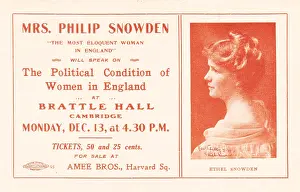 Prints of Postcard issued to advertise a lecture series by Ethel Snowden, Viscountess Snowden, a British socialist, human rights activist, and suffragist, in Cambridge, Massachusetts, 1907 Historic Moments from the Women’s Fight for the Vote: Ethel Snowden Lecture