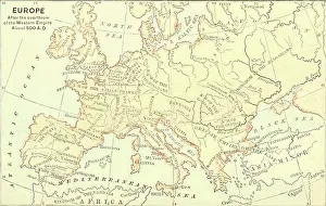 Prints of Map, entitled Europe After the Overthrow of the Western Empire, shows various kingdoms across Europe and parts of Asia, circa 500 AD Discover the World in Maps: Past, Present, and Beyond: Europe After The Overthrow Of The Western Empire