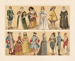 Images Dated 24th August 2018: European costumes, 17th - 19th century, chromolithograph, published in 1897