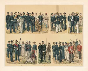 Images Dated 15th October 2018: European Marine, Protection, and Colonial troops, chromolithograph, published in 1897