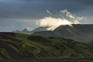 Evening light, mountains covered with moss, South Coast, Iceland, Europe