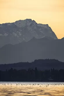 Evening view of Mount Zugspitze with Lake Starnberg, Bavaria, Germany, Europe