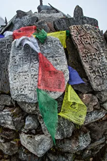 Images Dated 7th October 2016: Everest base camp trek, Himalayas, Nepal, Tengboche, mani stones, prayer flags, Colour Image