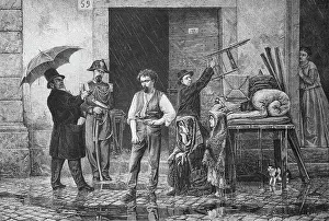 Adult Male Prints: Eviction of a family who can no longer pay their rent and is now standing in the rain from the city of Rome