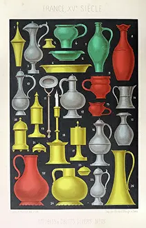Prints of Examples of medieval jugs and vase, pewter metalwork, French 15th Century, Vintage illustration Discover the beauty and mystery of the medieval era: Examples of medieval jugs and vase