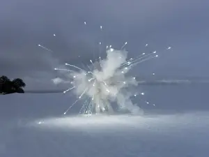 Prints of firework explosion in winter landscape/forest - smoke and lightballs flying in the air Stone Prints: explosion in winter landscape