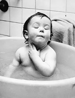 Taking A Bath Prints: Expressive Infant Girl Bathing in Washtub