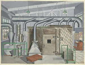 Prints of Exterior Sand Blasting Chamber, 1935, 1935/1942. Artist Perkins Harnly. (Photo by Heritage Art/Heritage Images via Getty Images) Enchanted Interiors of Perkins Harnly: Exterior Sand Blasting Chamber