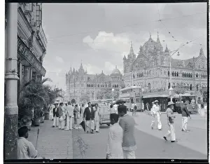 Mumbai Prints: Exterior of Victoria Station with Travelers