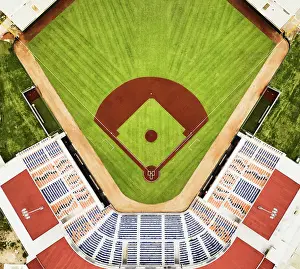 Extreme wide shot aerial view of empty professional baseball stadium