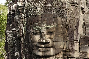 Face tower, detail, the Bayon, temple, Angkor Thom, Siem Reap, Cambodia