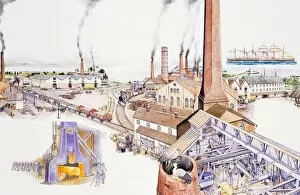 Factories, with tall chimneys billowing pollutants