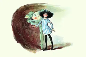 Fairy tale, Little girl in a magical world with a vegetable man, The Vege-men's revenge, children's book illustration, Florence K Upton, 1890s