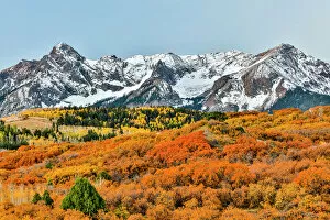 Images Dated 6th October 2017: Fall colors with snow-capped mountains, Ridgway, Colorado, USA