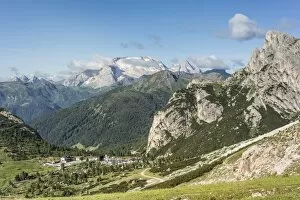 Falzarego Pass with Sasso di Stria, Col di Lana at the back, World War I Memorial, the Marmolada massif behind