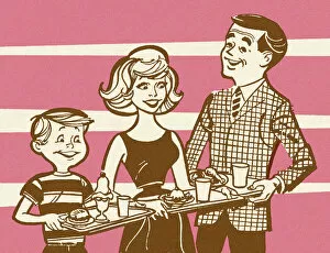 Family Holding Trays of Food