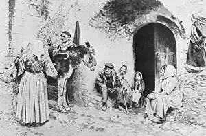 Sicily Prints: Family in Front of Their Modest Village Home
