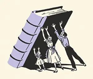1940 1980 Retro Styled Image Prints: Family Pushing Up a Book