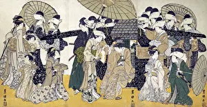 Umbrellas Prints: Famous Beauty escorted by women of different rank