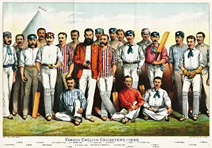 Prints of Illustrated lithographic portrait shows 'Famous English Cricketers, 1880.' Pictured are, from left, James Lillywhite (1842 - 1929), John Selby (1849 - 1894), Alfred Shaw (1842 - 1907) Transcendental Graphics Prints: Famous English Cricketers, 1880