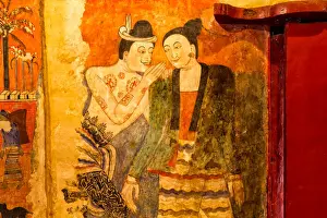 Fresco Wall Painting Prints: The famous mural painting walls in Wat Phumin, Nan province of Thailand
