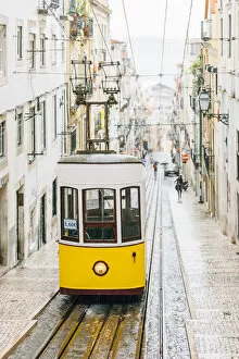 Cable Car Collection: Famous yellow funicular Elevador da Bica in Bairro Alto, Lisbon, Portugal