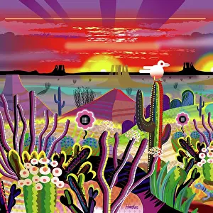 Prints of Garden of Eden Desert Style close-up of ocotillo, saguaro and cholla cactus in cartoon modern style desert mountain landscape illustration in warm red, purple Quirky Art Illustration Prints: Fantasy Desert Cactus, Mountains Sunrise Landscape Illustration with animals and a human couple