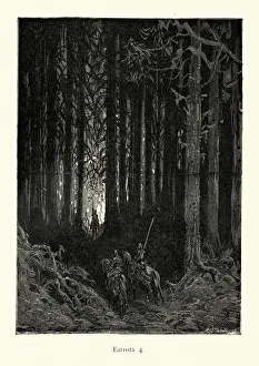 Images Dated 11th December 2019: Fantasy heroes rdiing through enchanted forest. Orlando Furioso
