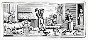 March Prints: Farmer Feeding Livestock On Farm;Woodcut