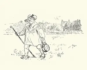Prints of Vintage illustration of by Randolph Caldecott from the Nursery Rhyme, The Milkmaid. The farmer going to work Whimsical nursery rhyme artworks curated to evoke a sense of wonder and imagination: The farmer going to work. The Milkmaids father, Nursery Rhyme
