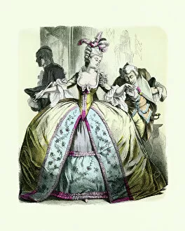 Fashion Trends Through Time Gallery: Fashion 18th Century, Noble woman in Pannier, man kissing hand