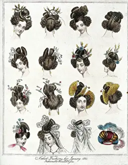 Fashion, Hat Fashion, Fifteen heads of woman wearing the latest fashionable headdresses of 1831, also a hat with feathers, France, Historic, digitally restored reproduction from a 19th century original