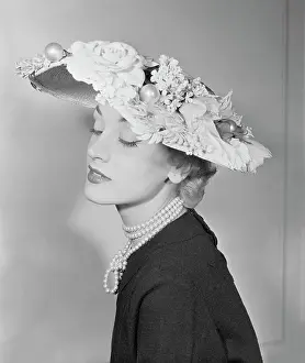 Pearl Prints: Fashion Model Wearing Floral Hat by Walter Florell