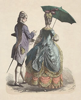 Fashion Trends Through Time Collection: Fashion of nobility, Rococo era (c. 1780), hand-colored woodcut, published c. 1880
