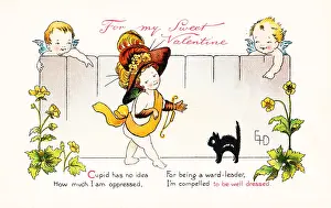 Prints of Valentine postcard depicting a suffragist cherub complaining 'Cupid has no idea how much I am oppressed, For being a ward-leader, I'm compelled to be well dressed', 1915 Historic Moments from the Women’s Fight for the Vote: Fashionable Suffrage Cherub
