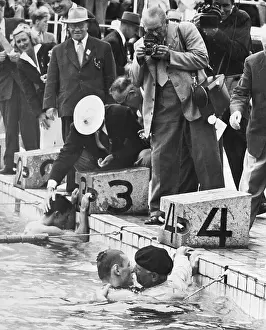 Congratulating Prints: Father Congratulates Swimmer in Pool