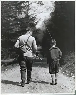 Quality Time Prints: Father and Son Strolling for Fishing in Wooded Area