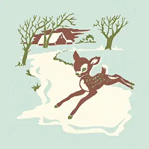 Fawn Prints: Fawn in Winter Scene