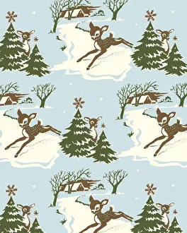 Fir Tree Prints: Fawn in Winter Scene Pattern