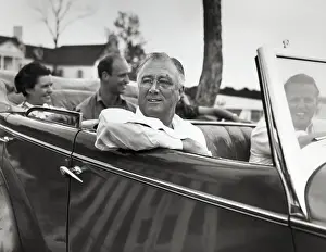 FDR Leaning Out of Open Car as Son Drives