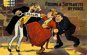 Prints of Anti-suffrage, color postcard, with a satirical illustration, depicting an adult woman, wearing a red dress, behaving in a childish manner, while a policeman, and a man wearing a suit and spats Historic Moments from the Women’s Fight for the Vote: Feeding A Suffragette
