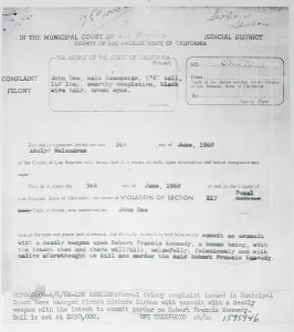 Sirhan Prints: Felony Complaint to Sirhan B. Sirhan