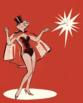 Red Background Prints: Female Magician