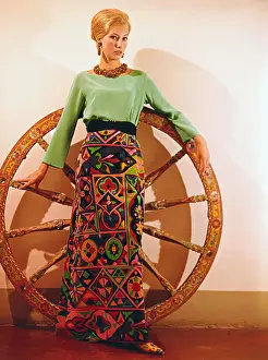 Female Model Posing in Colorful Pucci Maxi Skirt and Blouse