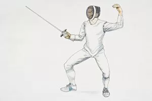 Fencer standing poised, crouching with legs apart, one arm holding up saber in front, other arm bent up behind