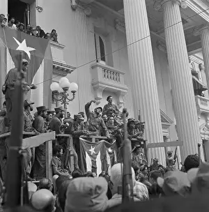 Fidel Castro Gesturing on Balcony as He Speaks