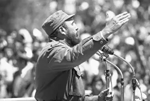 Fidel Castro Speaking and Gesturing at Podium